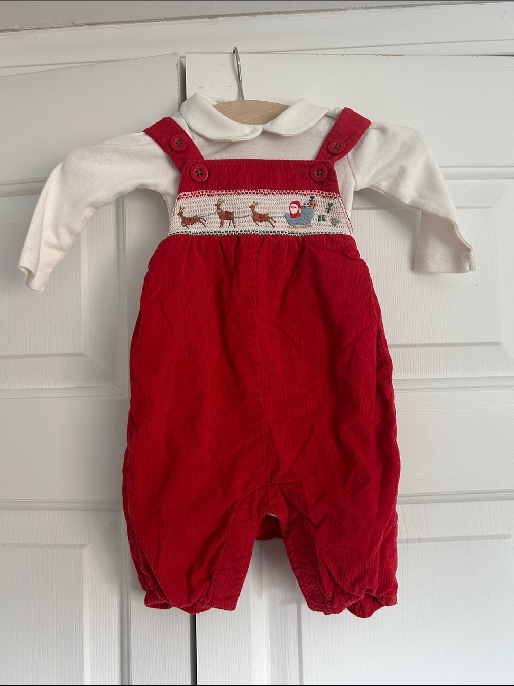 Baby Boden Red Smocked Corduroy Overalls with White Top